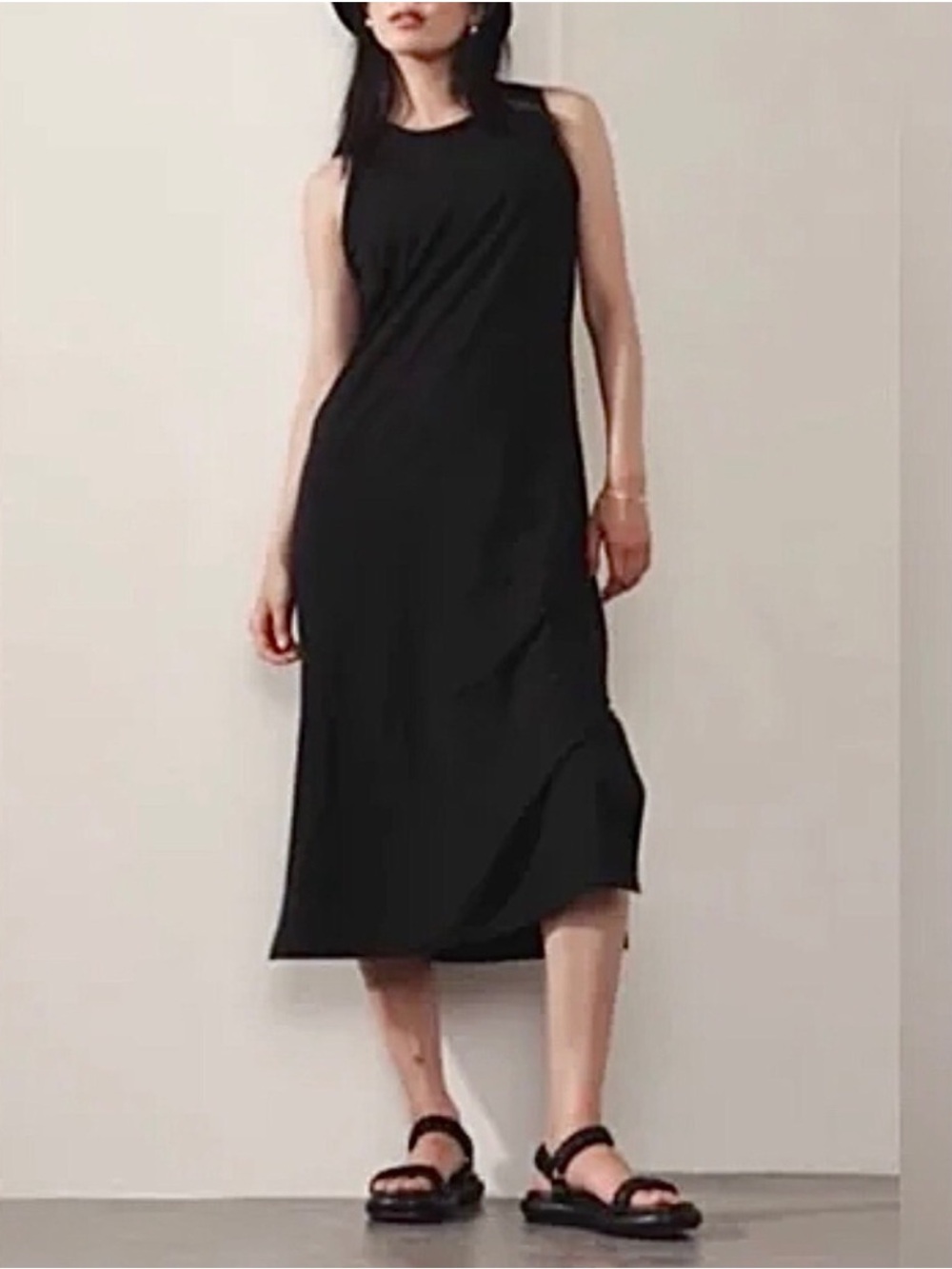 Athleta Essential Midi Dress XL Black Supima Cotton Sleeveless Travel Casual